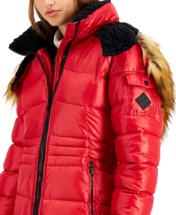 Steve Madden Juniors' Faux-Fur-Trim Hooded Shine Puffer Coat, Created For Macy's -Sam Edelman Shop 19475851 fpx
