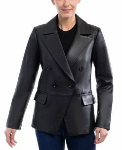 Anne Klein Women's Leather Double-Breasted Blazer Coat