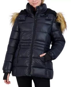 Steve Madden Juniors' Faux-Fur-Trim Hooded Shine Puffer Coat, Created For Macy's -Sam Edelman Shop 21915560 fpx