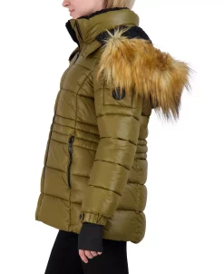 Steve Madden Juniors' Faux-Fur-Trim Hooded Shine Puffer Coat, Created For Macy's -Sam Edelman Shop 21915575 fpx