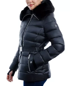 Michael Kors Women's Belted Faux-Fur-Trim Hooded Puffer Coat -Sam Edelman Shop 21959481 fpx