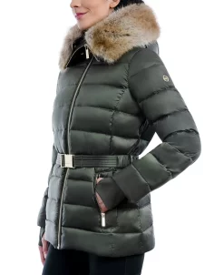 Michael Kors Women's Belted Faux-Fur-Trim Hooded Puffer Coat -Sam Edelman Shop 21959486 fpx