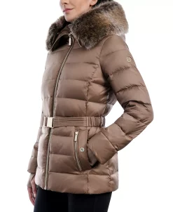 Michael Kors Women's Belted Faux-Fur-Trim Hooded Puffer Coat -Sam Edelman Shop 21959491 fpx