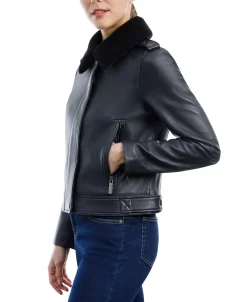 Michael Kors Women's Fleece-Collar Leather Coat, Created For Macy's -Sam Edelman Shop 21959767 fpx