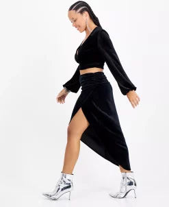 Bar III Women's Ruched Slit-Front Velvet Midi Skirt, Created For Macy's -Sam Edelman Shop 22188979 fpx