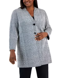 Kasper Plus Size Houndstooth-Plaid Two-Button Longline Blazer -Sam Edelman Shop 22567615 fpx