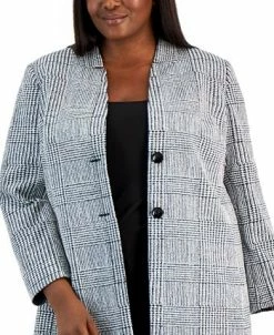 Kasper Plus Size Houndstooth-Plaid Two-Button Longline Blazer -Sam Edelman Shop 22567616 fpx