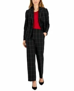 Kasper Women's Plaid One-Button Notched-Collar Jacket, Cowlneck Cap-Sleeve Blouse & Pull-On Straight-Leg Pants