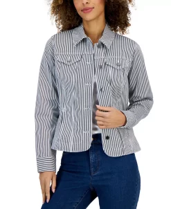Charter Club Women's Striped Denim Trucker Jacket, Created For Macy's -Sam Edelman Shop 22722784 fpx