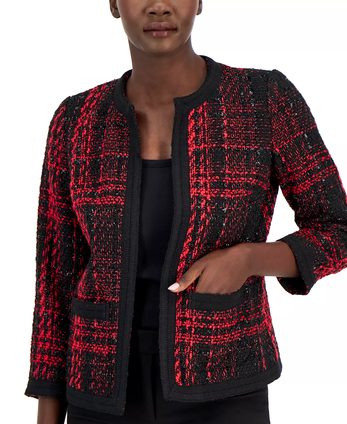 Anne Klein Women's Metallic-Tweed Open-Front Jacket 5 Anne Klein Women's Metallic-Tweed Open-Front Jacket - Image 3