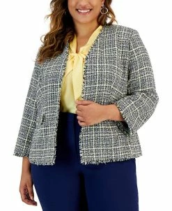 Kasper Plus Size Tweed Fringe-Trim Open-Front Blazer