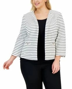 Kasper Plus Size Collarless Striped Open-Front Jacket