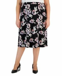 Kasper Plus Size Floral Pull-On Waistband Midi Skirt