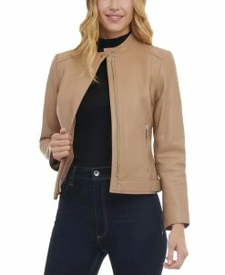 Michael Kors Women's Petite Zip-Front Leather Moto Jacket