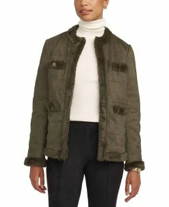 Anne Klein Women's Scuba Faux Suede Quilted Faux-Fur-Trim Jacket