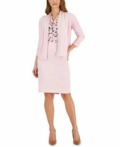 Kasper Women's Chiffon-Front Cardigan, Printed Cowl-Neck Top, & Stretch-Crepe Pencil Skirt