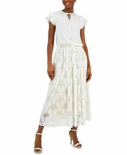 Anne Klein Women's Lace Cap-Sleeve Split-Neck Top & Pull-On Pleated Mesh Floral Skirt